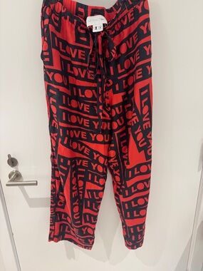 AZ Factory Red and Black 'I Love You' Graphic Silk Pants